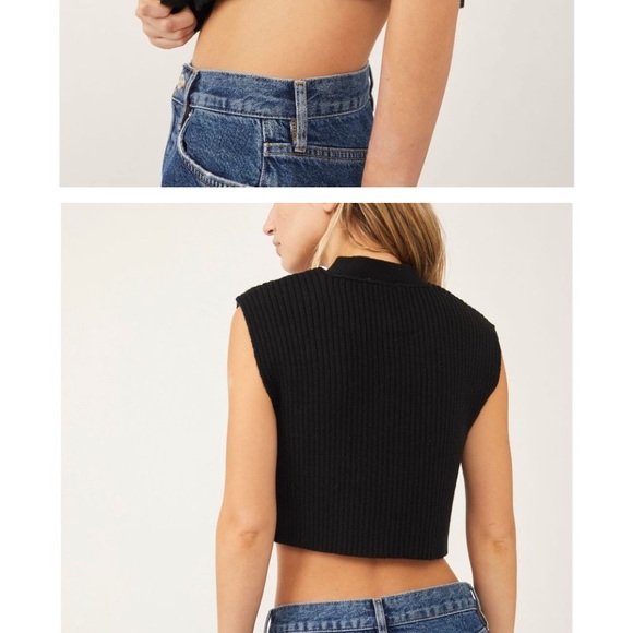 Free People- Three Button Crop Sweater- Ribbed Black - Picture 3 of 10